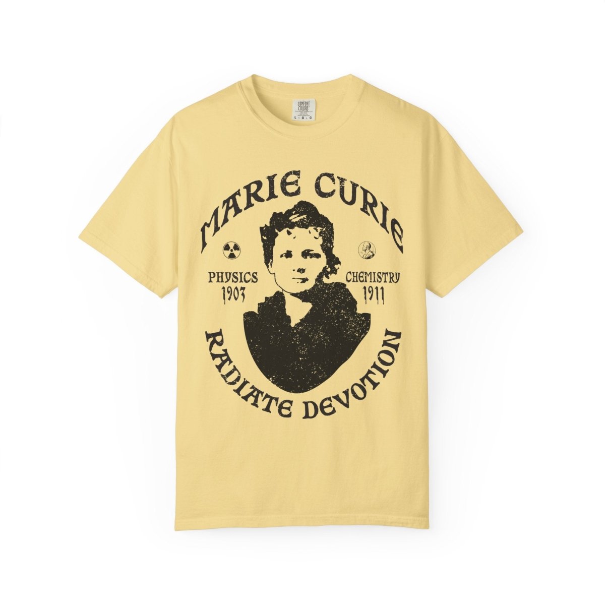 Marie Curie Science and Devotion Comfort Colors Relaxed Fit Heavy Soft Tee, STEM Heroine