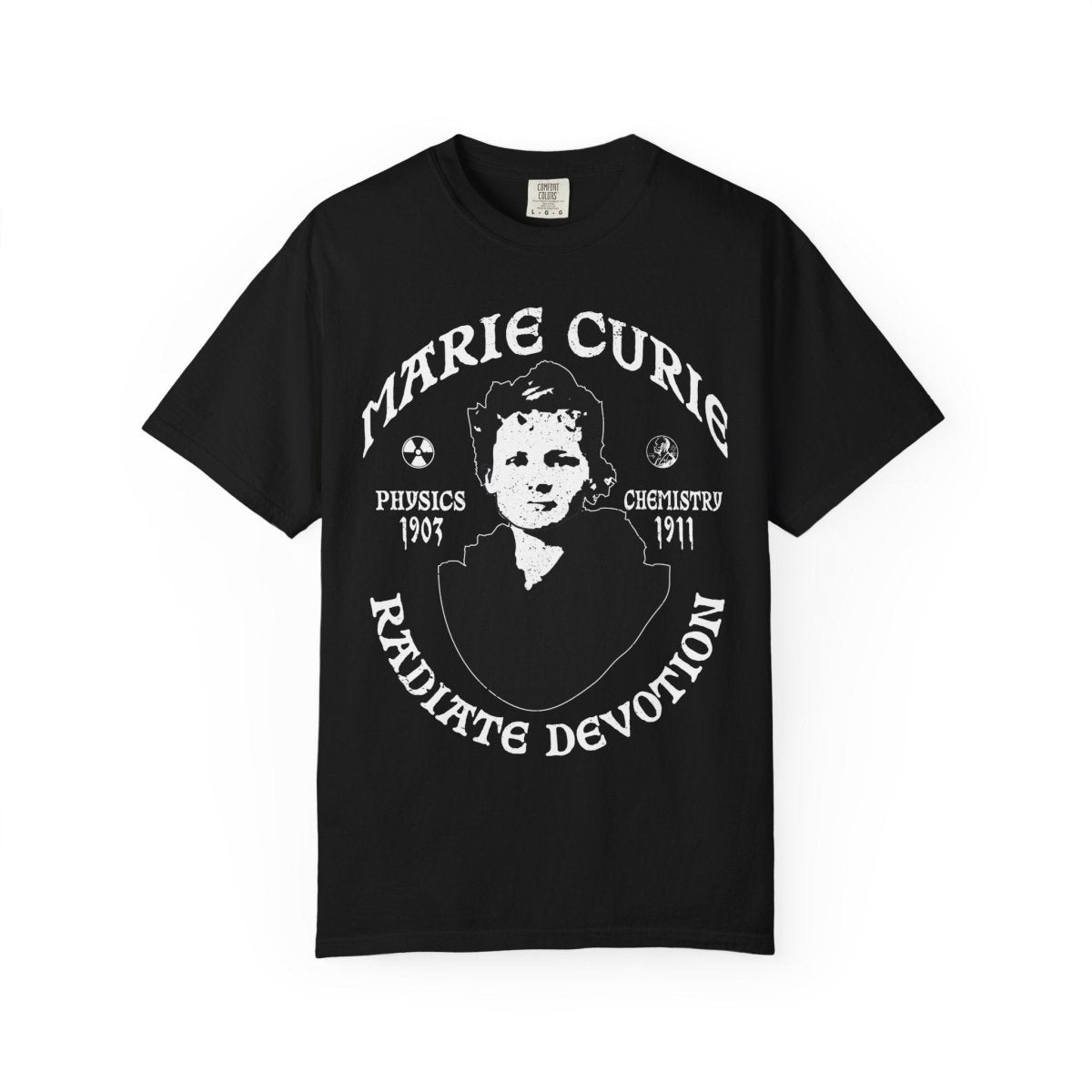 Marie Curie Science and Devotion Comfort Colors Relaxed Fit Heavy Soft Tee, STEM Heroine