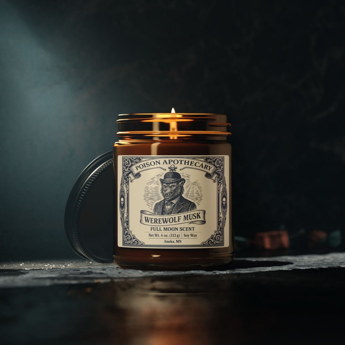 Monster Movie Fan Gift Werewolf Musk Soy Candle, 6 Scents or Unscented, Halloween Funny Fake Gothic Horror Gift