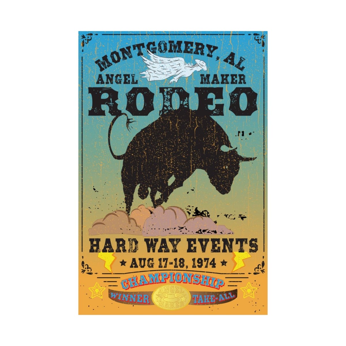 Montgomery Rodeo Premium Art Print, Angel Maker, Hard Way, Bucking Bull Ride