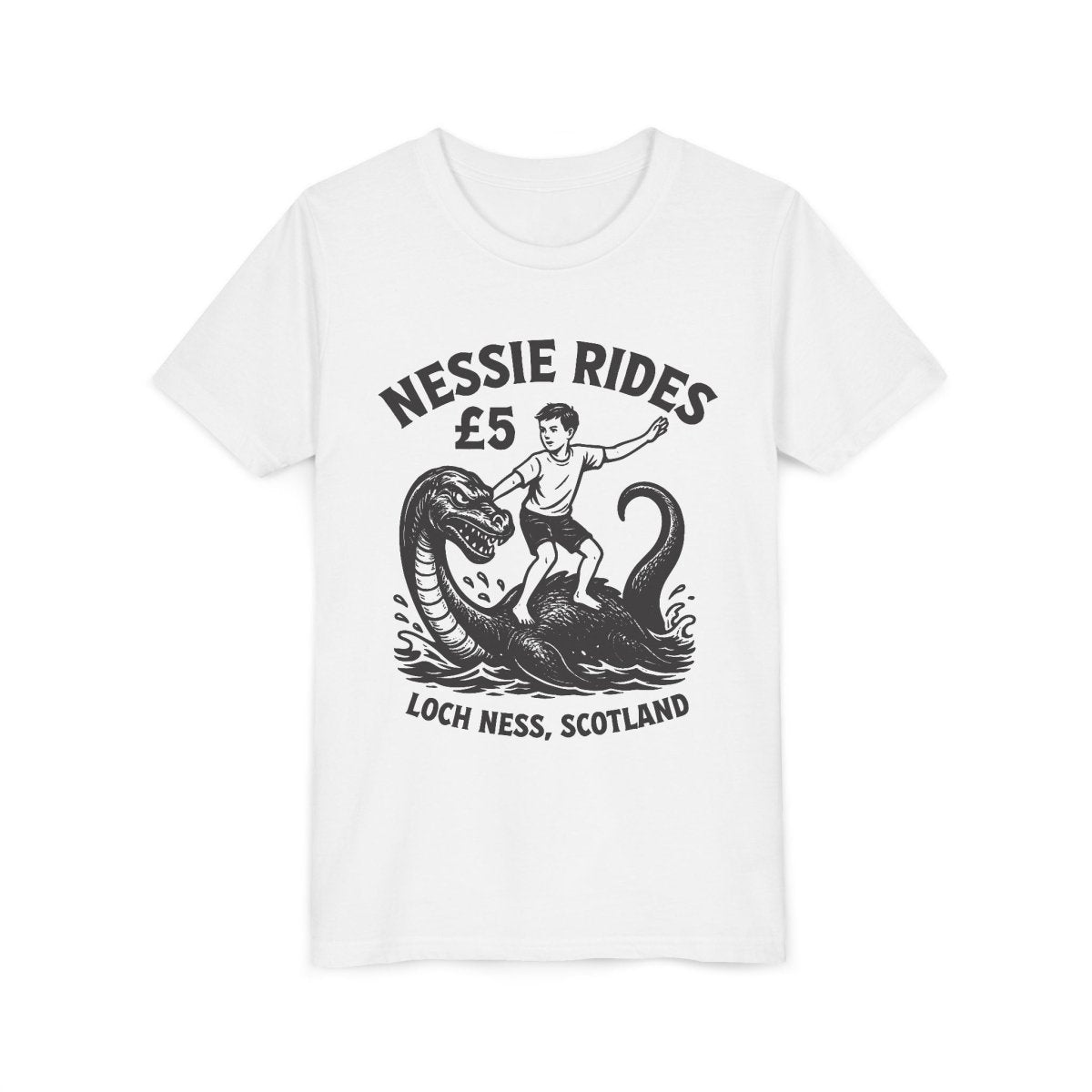 Nessie Rides Loch Ness Cryptid Adventure Boy Lake Monster Scotland Local Funny Premium Kids T shirt