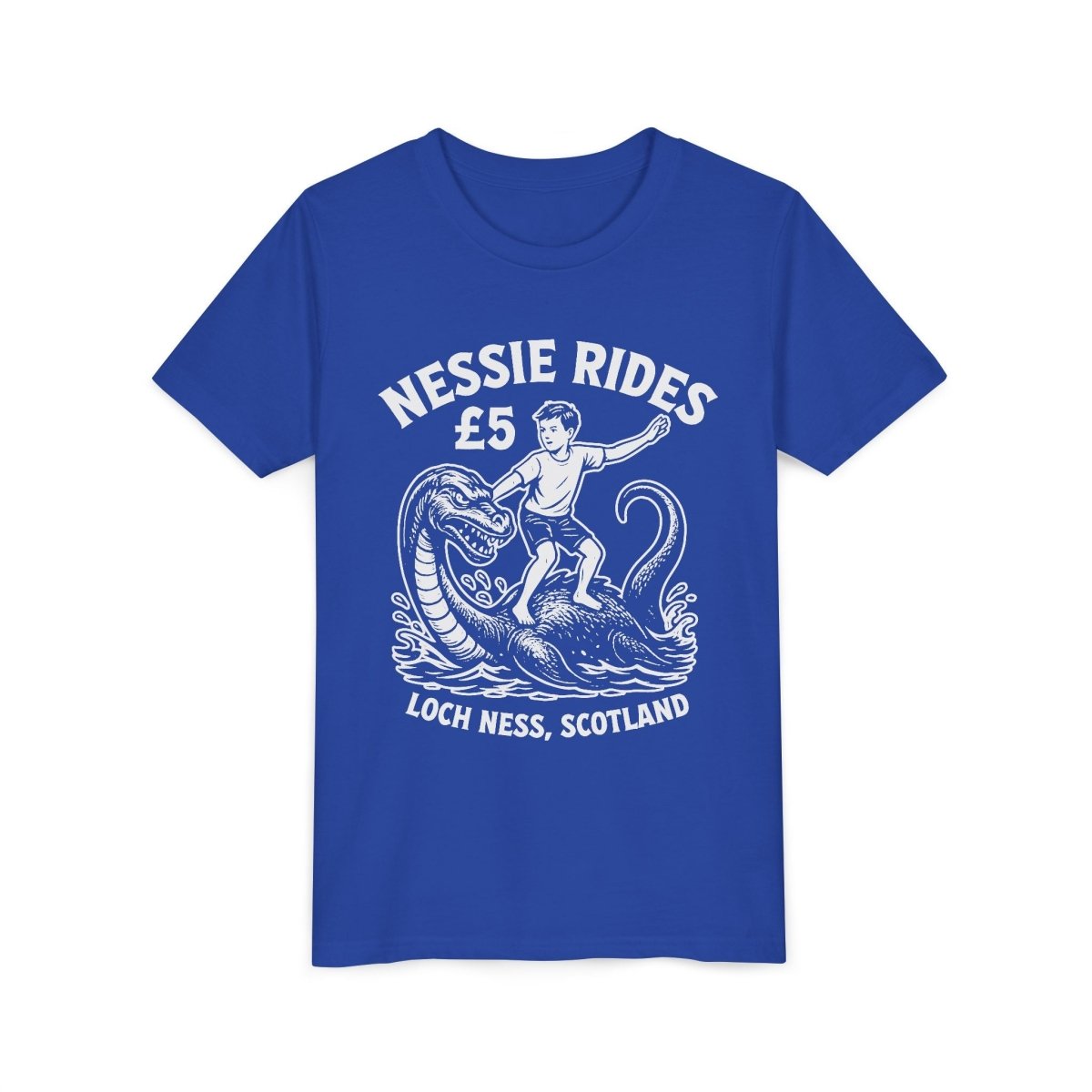 Nessie Rides Loch Ness Cryptid Adventure Boy Lake Monster Scotland Local Funny Premium Kids T shirt