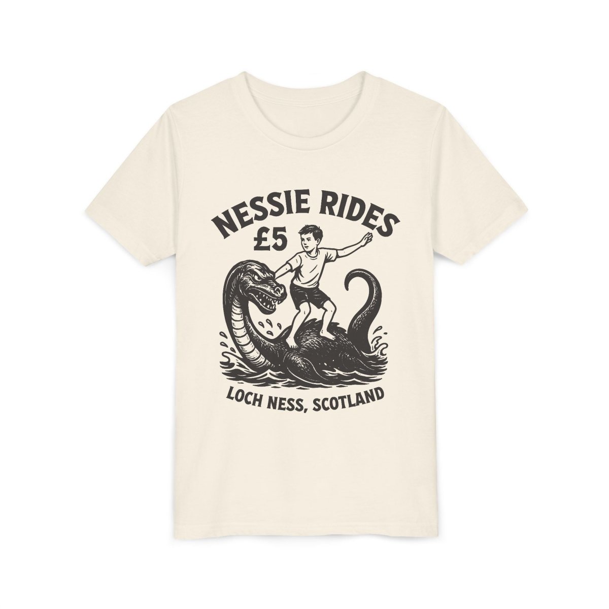 Nessie Rides Loch Ness Cryptid Adventure Boy Lake Monster Scotland Local Funny Premium Kids T shirt