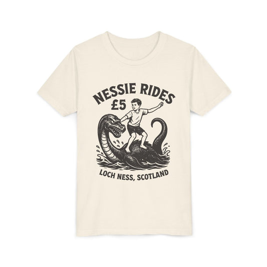 Nessie Rides Loch Ness Cryptid Adventure Boy Lake Monster Scotland Local Funny Premium Kids T shirt