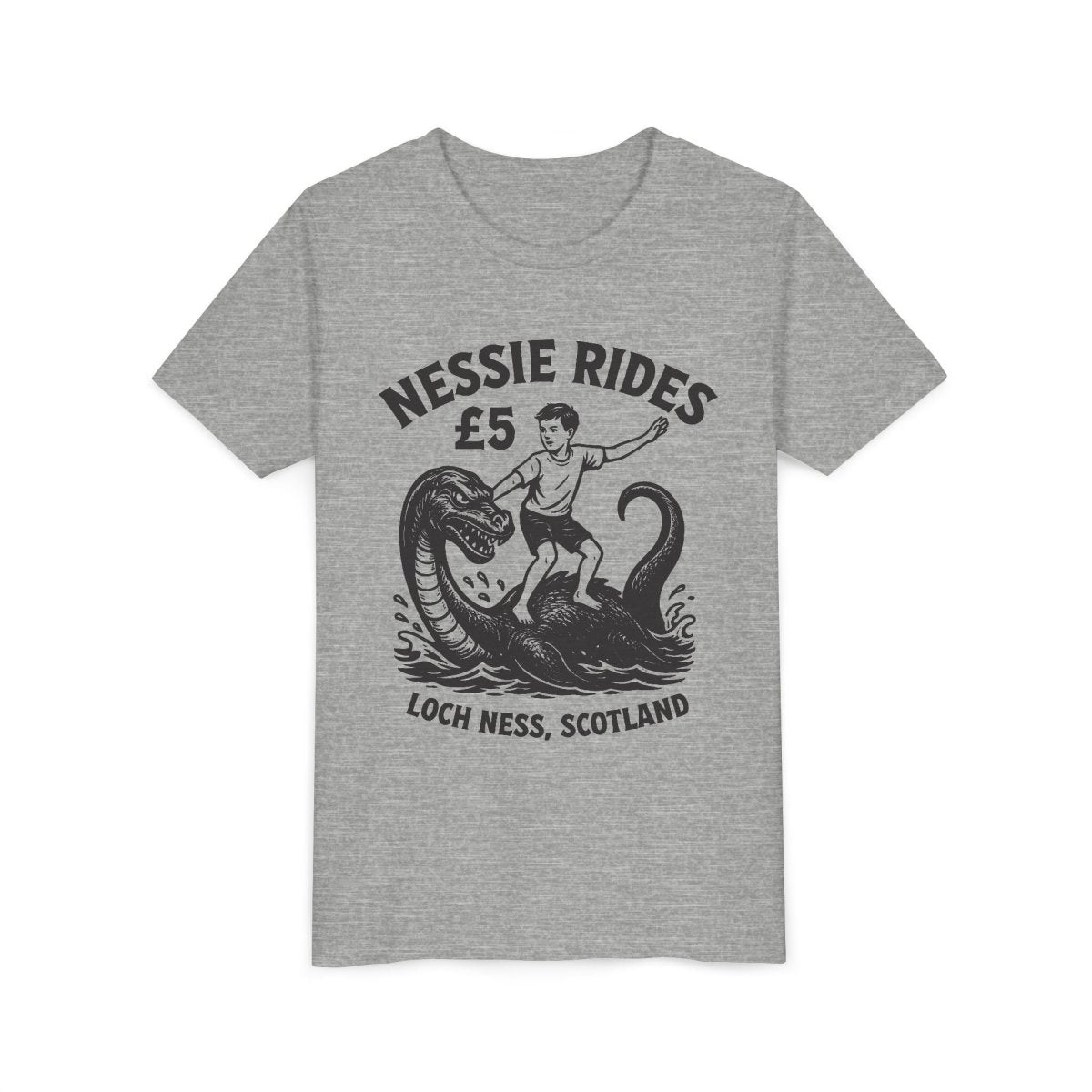 Nessie Rides Loch Ness Cryptid Adventure Boy Lake Monster Scotland Local Funny Premium Kids T shirt