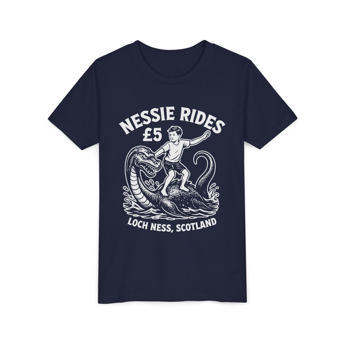 Nessie Rides Loch Ness Cryptid Adventure Boy Lake Monster Scotland Local Funny Premium Kids T shirt