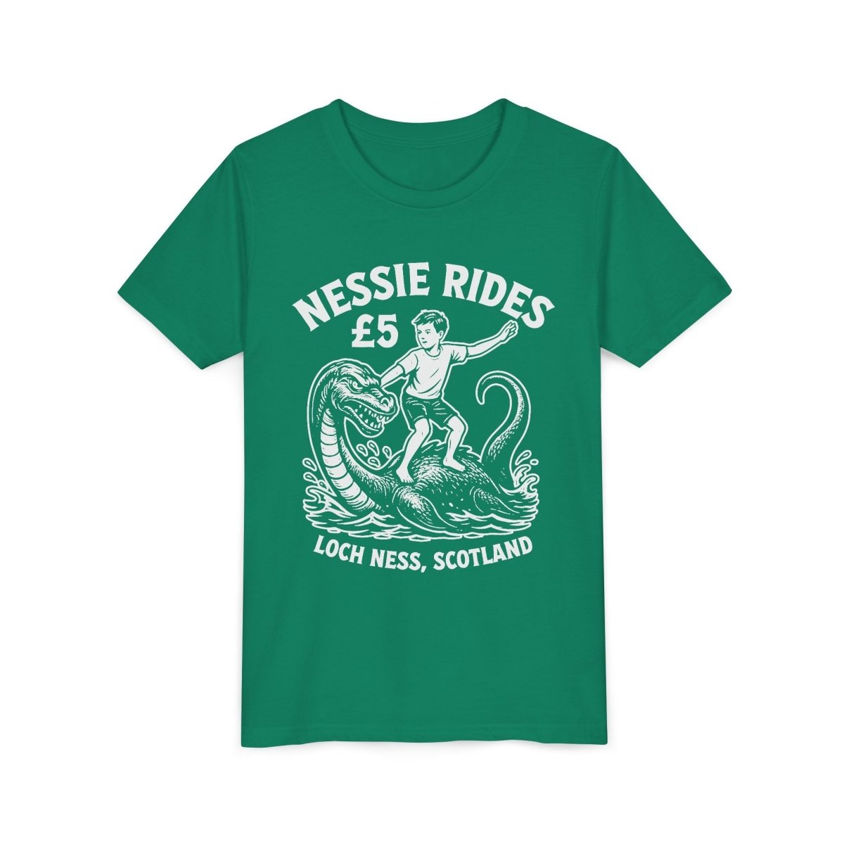 Nessie Rides Loch Ness Cryptid Adventure Boy Lake Monster Scotland Local Funny Premium Kids T shirt