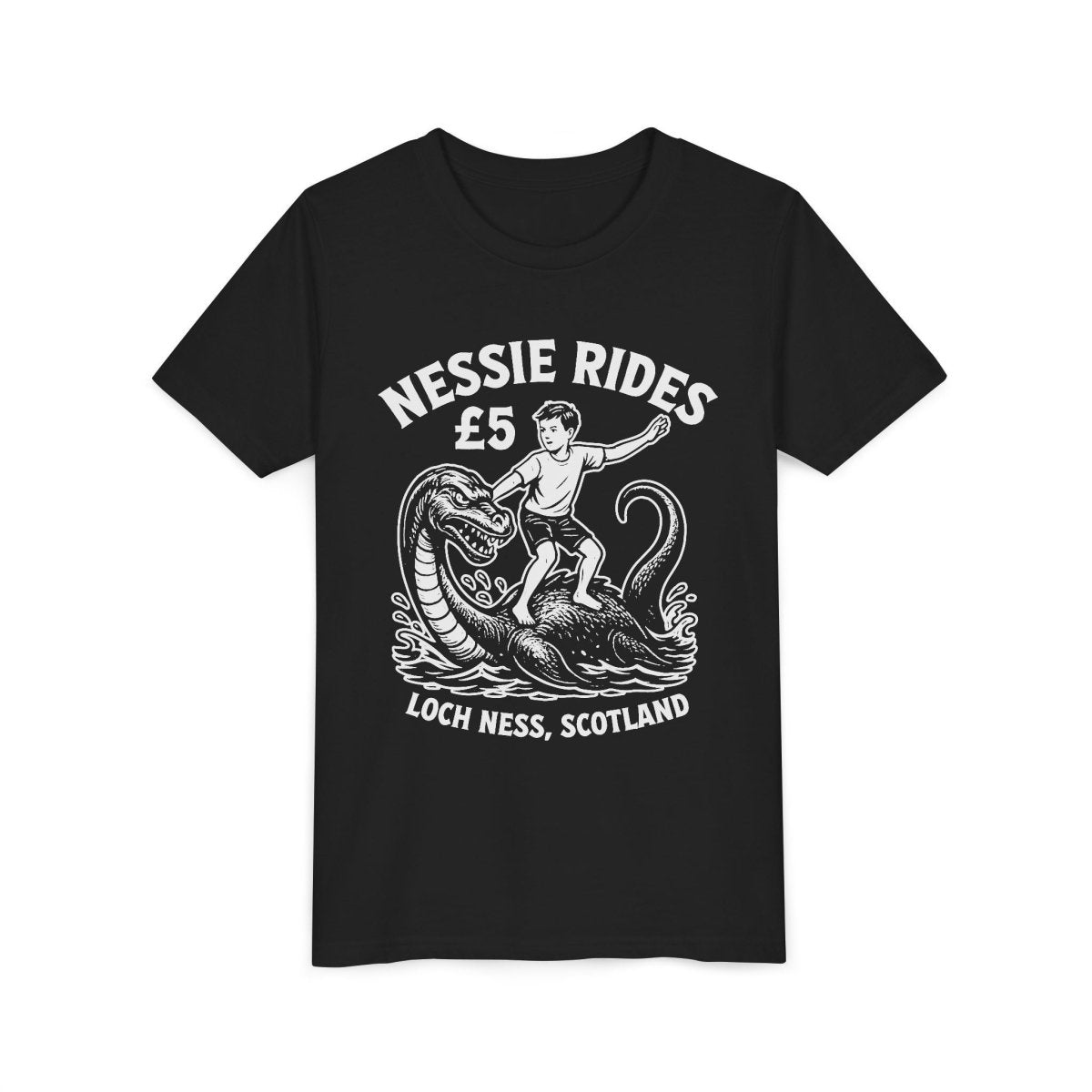 Nessie Rides Loch Ness Cryptid Adventure Boy Lake Monster Scotland Local Funny Premium Kids T shirt