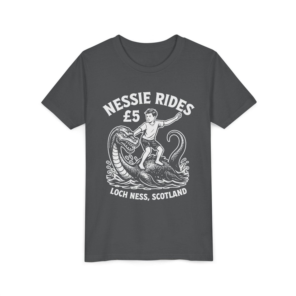 Nessie Rides Loch Ness Cryptid Adventure Boy Lake Monster Scotland Local Funny Premium Kids T shirt