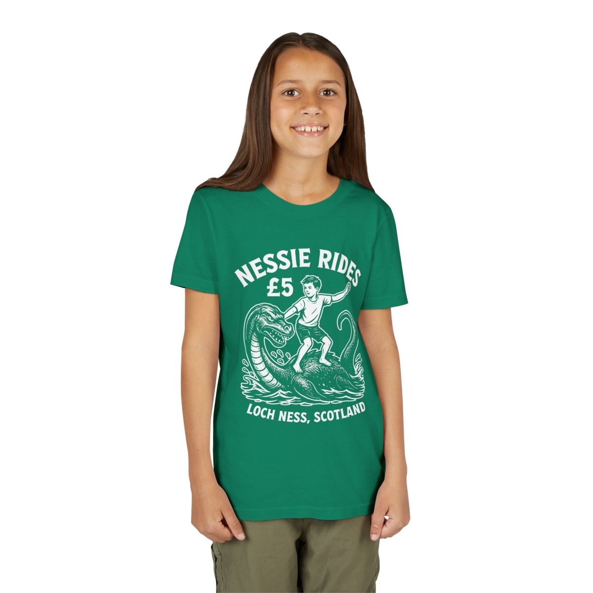Nessie Rides Loch Ness Cryptid Adventure Boy Lake Monster Scotland Local Funny Premium Kids T shirt