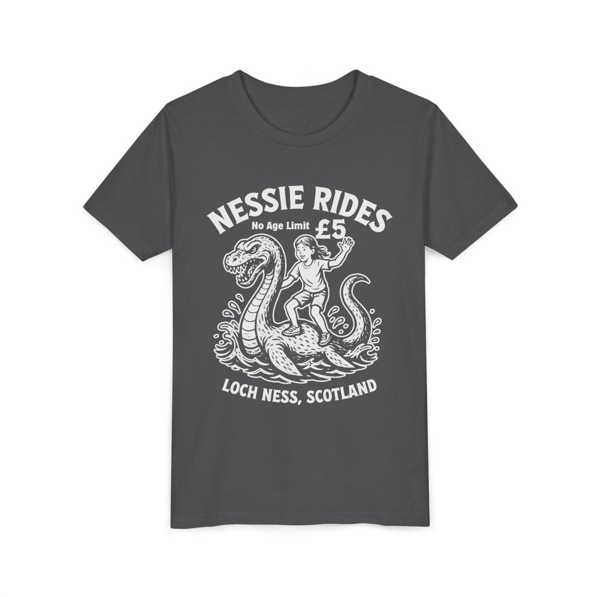 Nessie Rides Loch Ness Cryptid Adventure Girl Lake Monster Scotland Local Funny Premium Kids T shirt