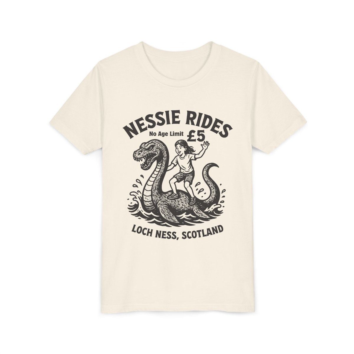 Nessie Rides Loch Ness Cryptid Adventure Girl Lake Monster Scotland Local Funny Premium Kids T shirt