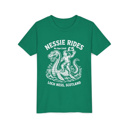 Nessie Rides Loch Ness Cryptid Adventure Girl Lake Monster Scotland Local Funny Premium Kids T shirt