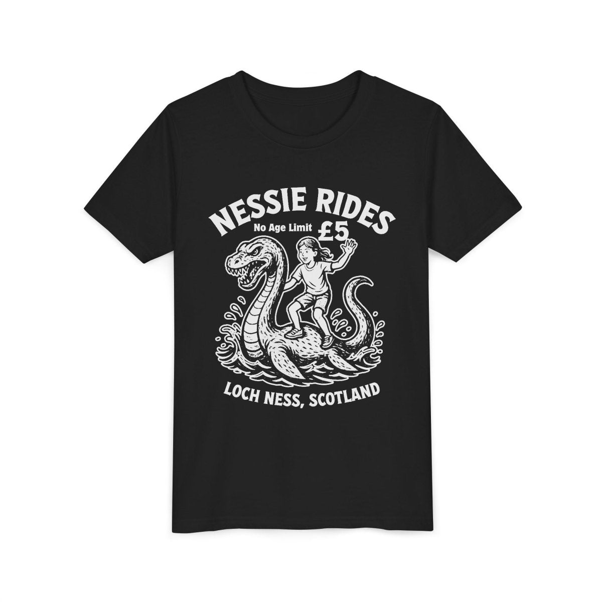 Nessie Rides Loch Ness Cryptid Adventure Girl Lake Monster Scotland Local Funny Premium Kids T shirt