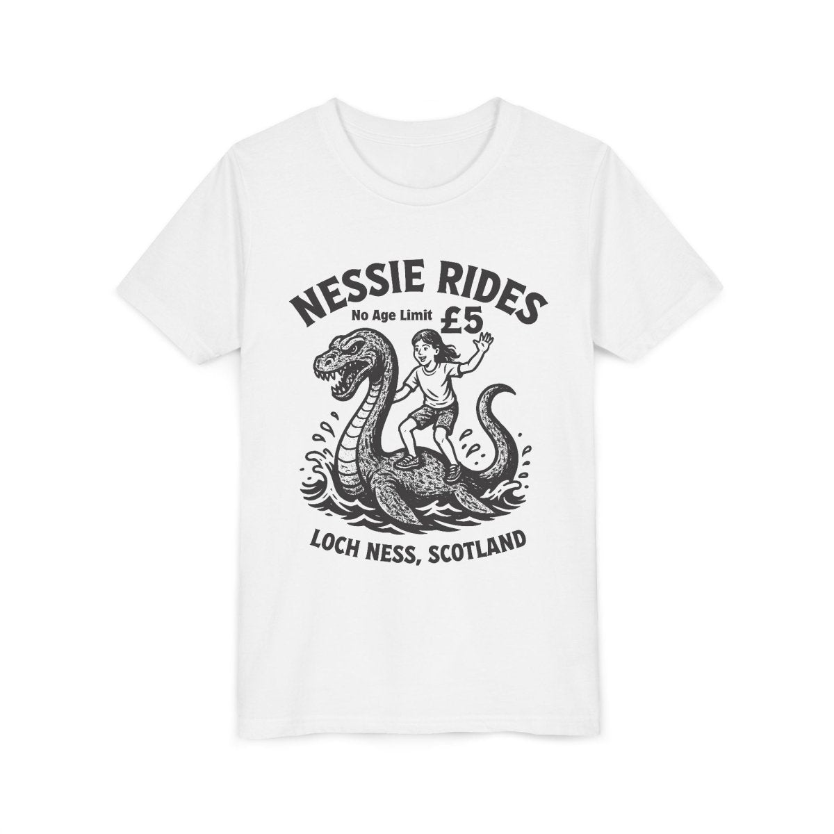 Nessie Rides Loch Ness Cryptid Adventure Girl Lake Monster Scotland Local Funny Premium Kids T shirt