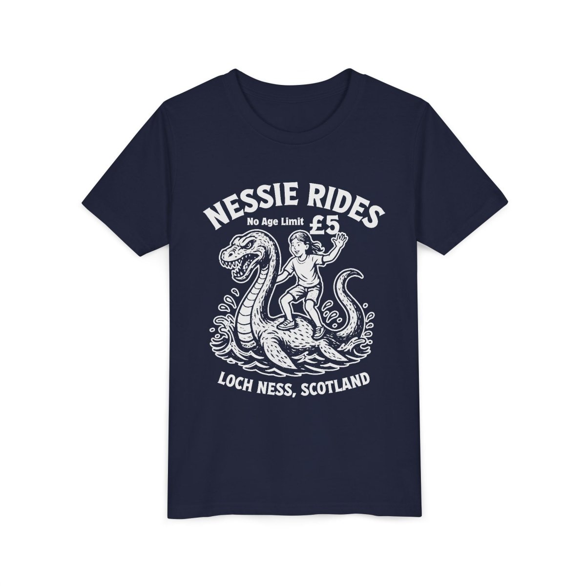 Nessie Rides Loch Ness Cryptid Adventure Girl Lake Monster Scotland Local Funny Premium Kids T shirt