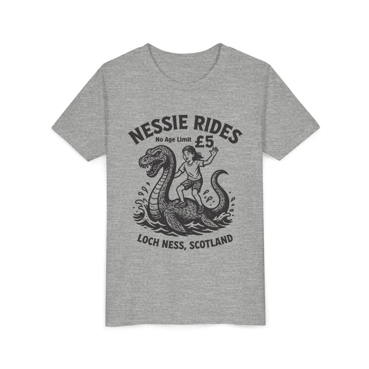 Nessie Rides Loch Ness Cryptid Adventure Girl Lake Monster Scotland Local Funny Premium Kids T shirt