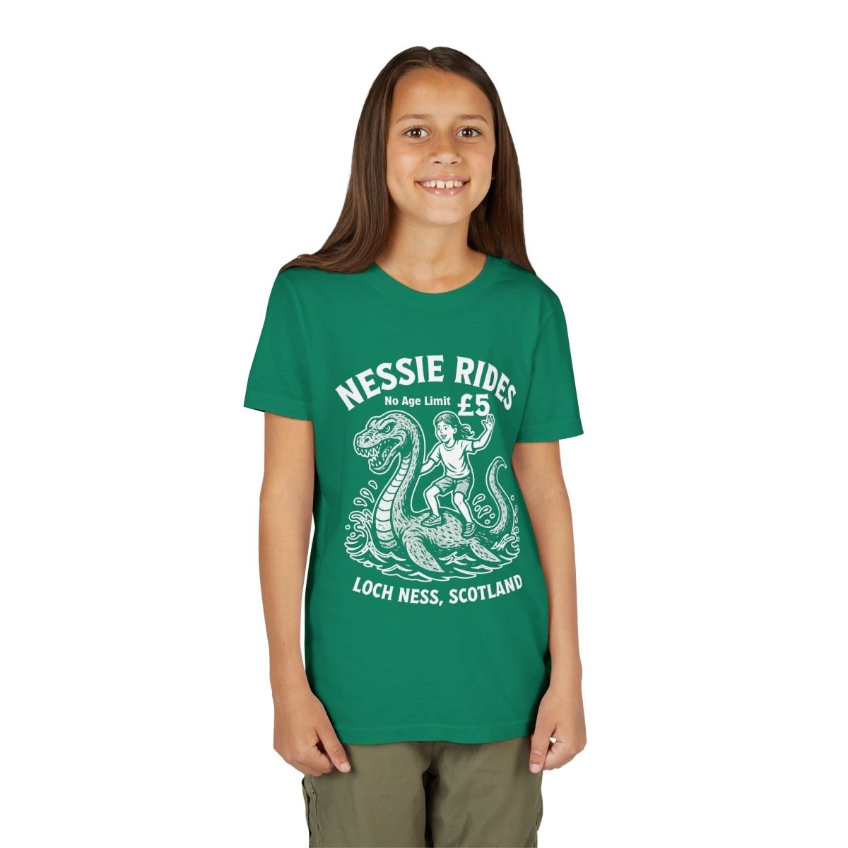 Nessie Rides Loch Ness Cryptid Adventure Girl Lake Monster Scotland Local Funny Premium Kids T shirt