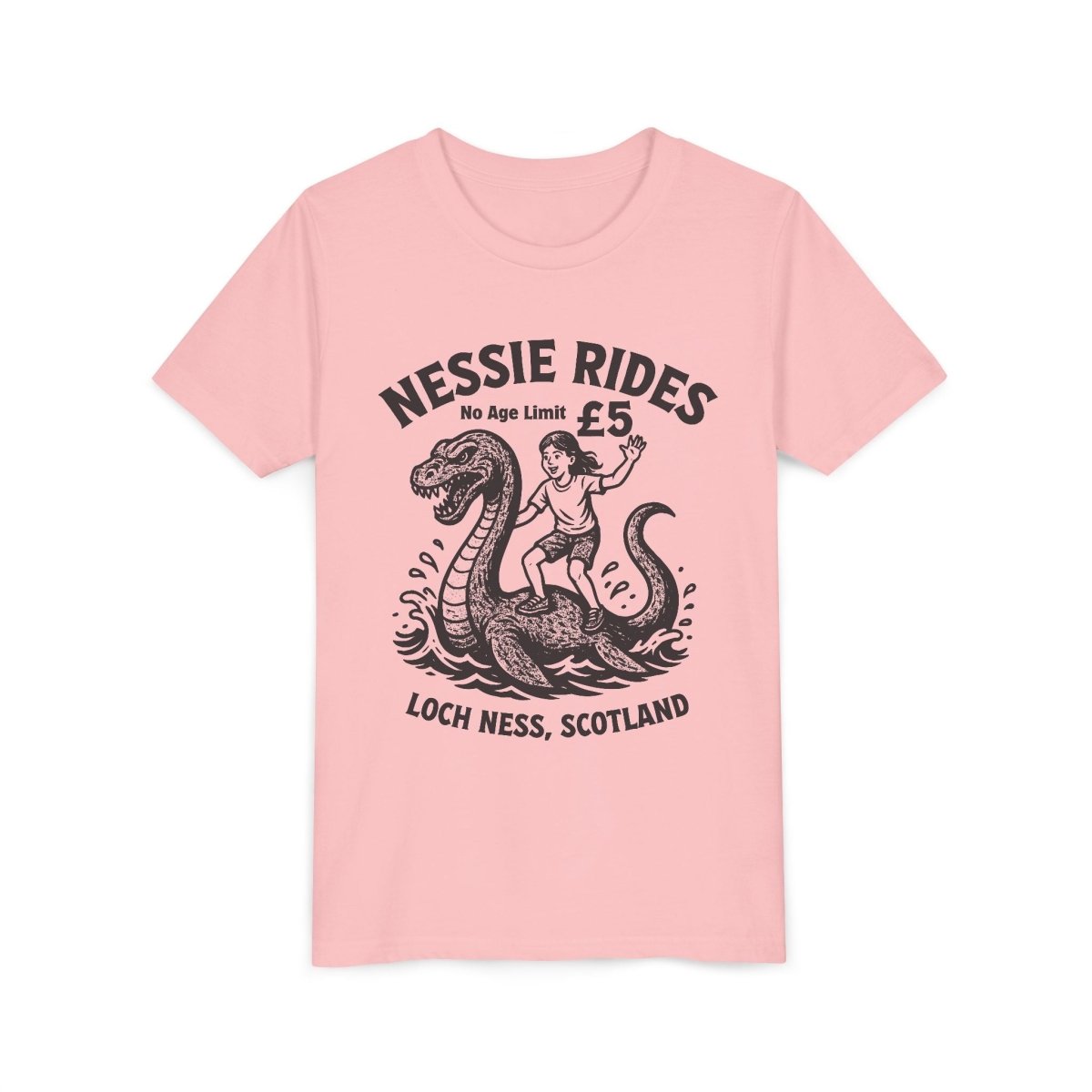 Nessie Rides Loch Ness Cryptid Adventure Girl Lake Monster Scotland Local Funny Premium Kids T shirt