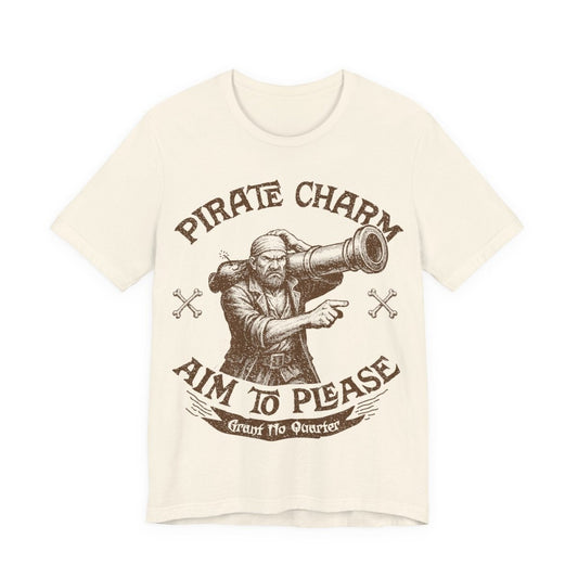 Pirate Action Motto Be Charming Premium T-Shirt, Ready Cannons, Vintage Style Funny Graphic Tee. Aim To Please - Aim The Cannons. Grant No Quarter.