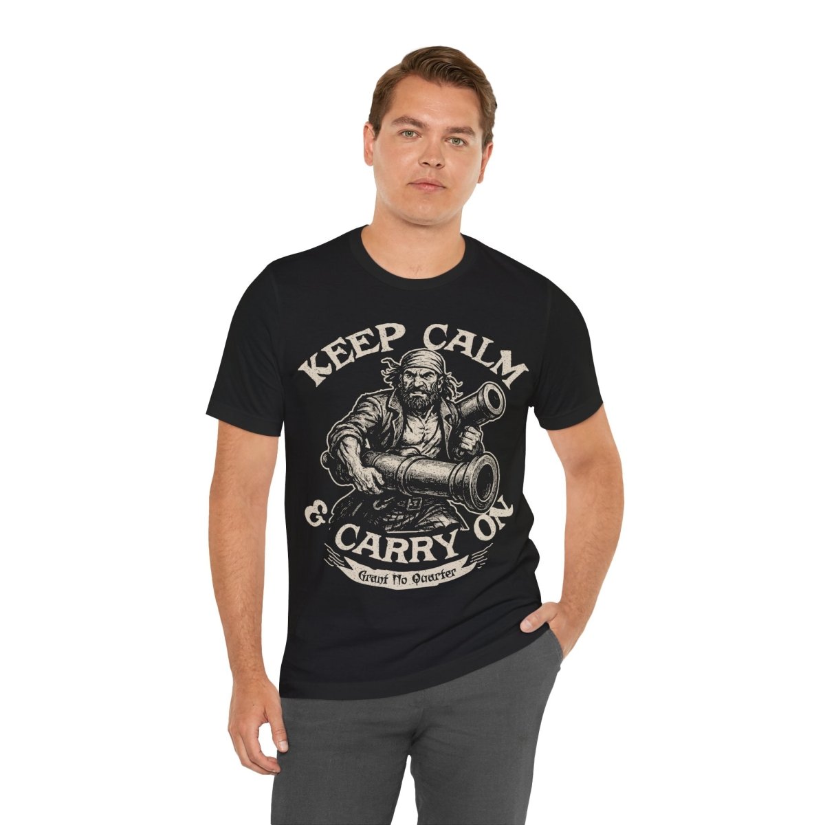Pirate Action Motto Premium T-Shirt, Calm Ready Cannons, Vintage Style Graphic Tee