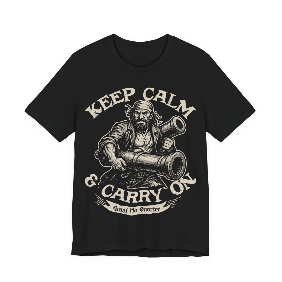 Pirate Action Motto Premium T-Shirt, Calm Ready Cannons, Vintage Style Graphic Tee