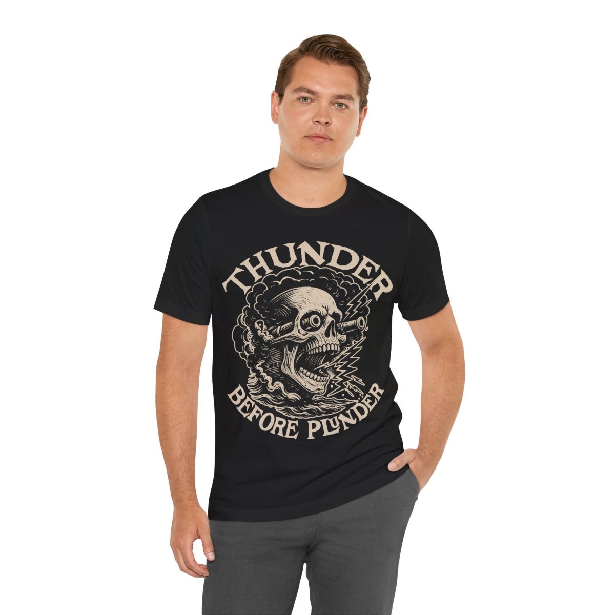 Pirate Action Motto Premium T-Shirt, Cannon Thunder Before Plunder, Vintage Style Graphic Tee