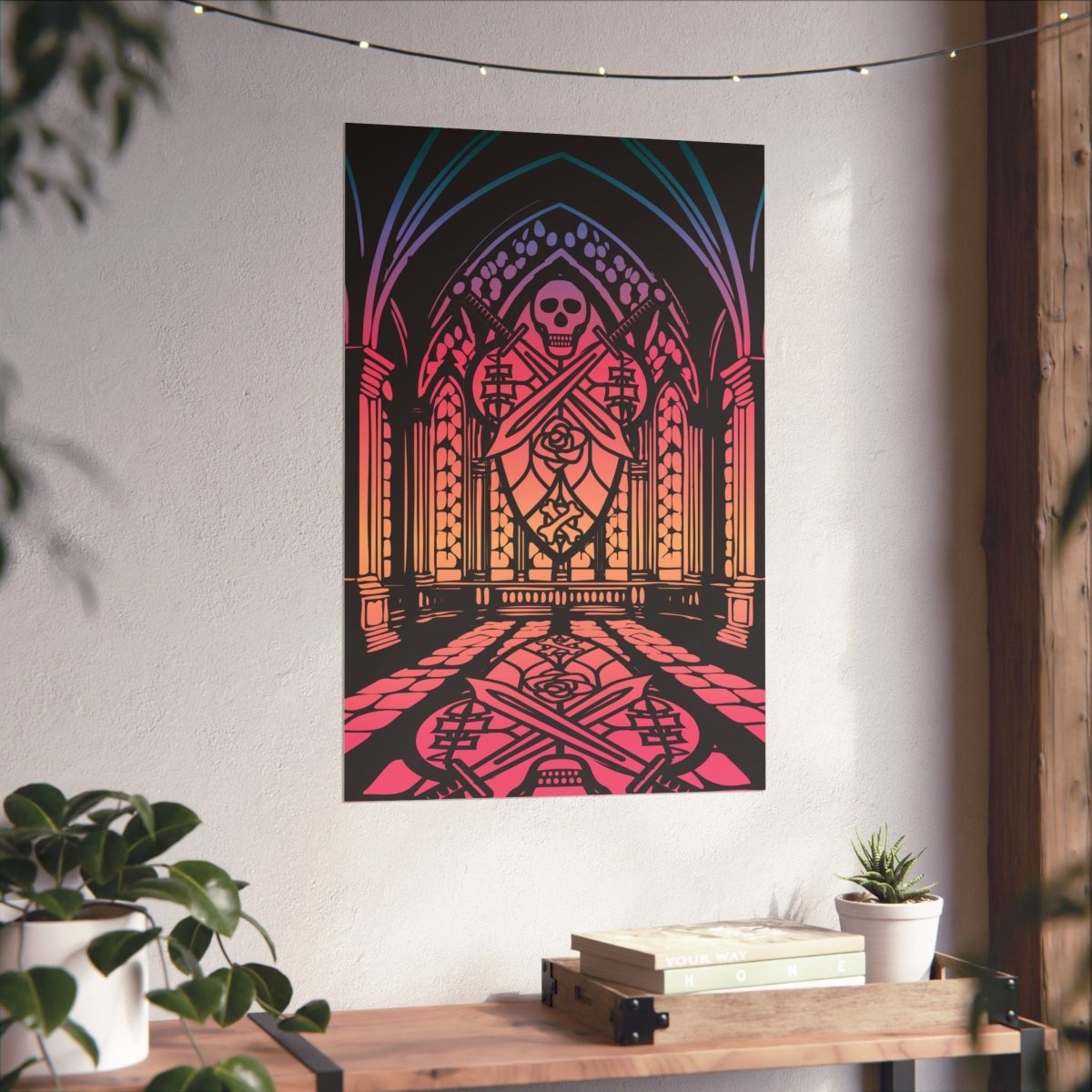 Pirate Cathedral Twilight Premium Wall Art Print. Pirates need a place to go to church. It's the stained glass with the pirate ships, skull, rose, crossed bones and swords.