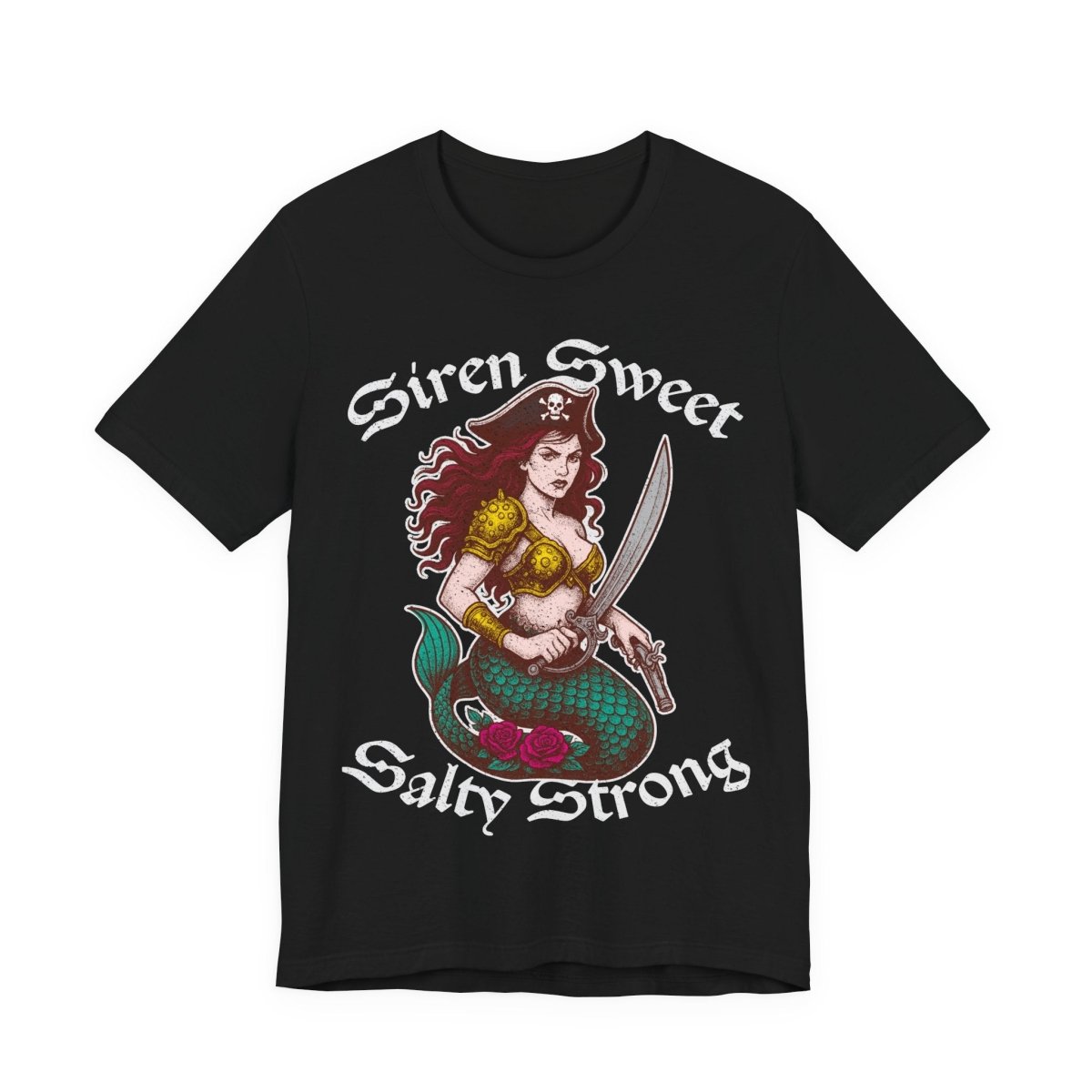 Pirate Siren Action Motto Premium T-Shirt, Ready Arms, Vintage Style Graphic Tee. Woman pirate, mermaid, siren, strong but sweet woman