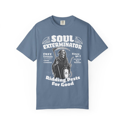 Soul Exterminators Funny Comfort Colors Relaxed Fit Soft Tee, Grim Reaper Pest Control Dark Humor Favorite