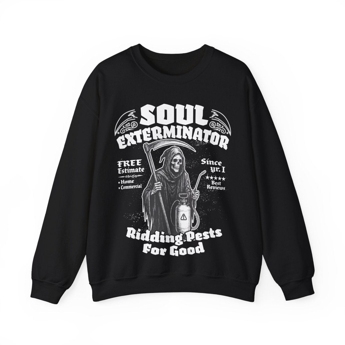 Soul Exterminators Funny Fleece Fall Sweatshirt, Grim Reaper Pest Control, Spooky Style Halloween