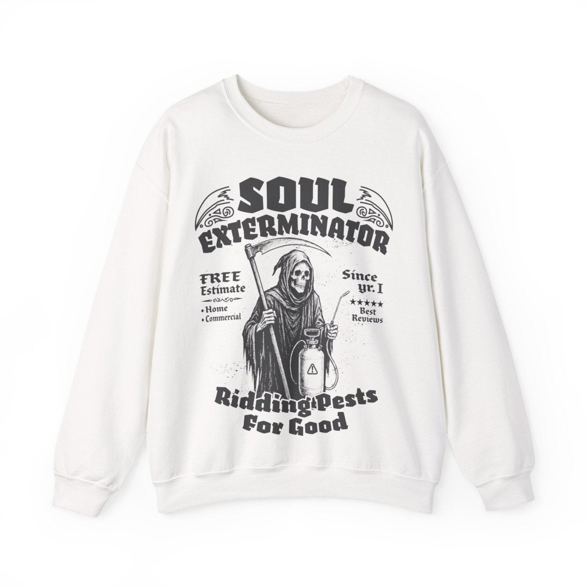 Soul Exterminators Funny Fleece Fall Sweatshirt, Grim Reaper Pest Control, Spooky Style Halloween