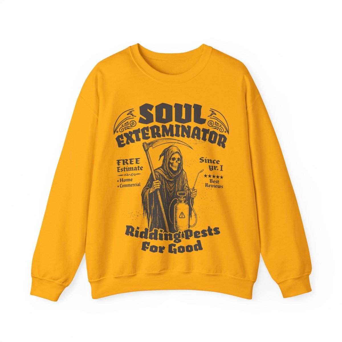 Soul Exterminators Funny Fleece Fall Sweatshirt, Grim Reaper Pest Control, Spooky Style Halloween