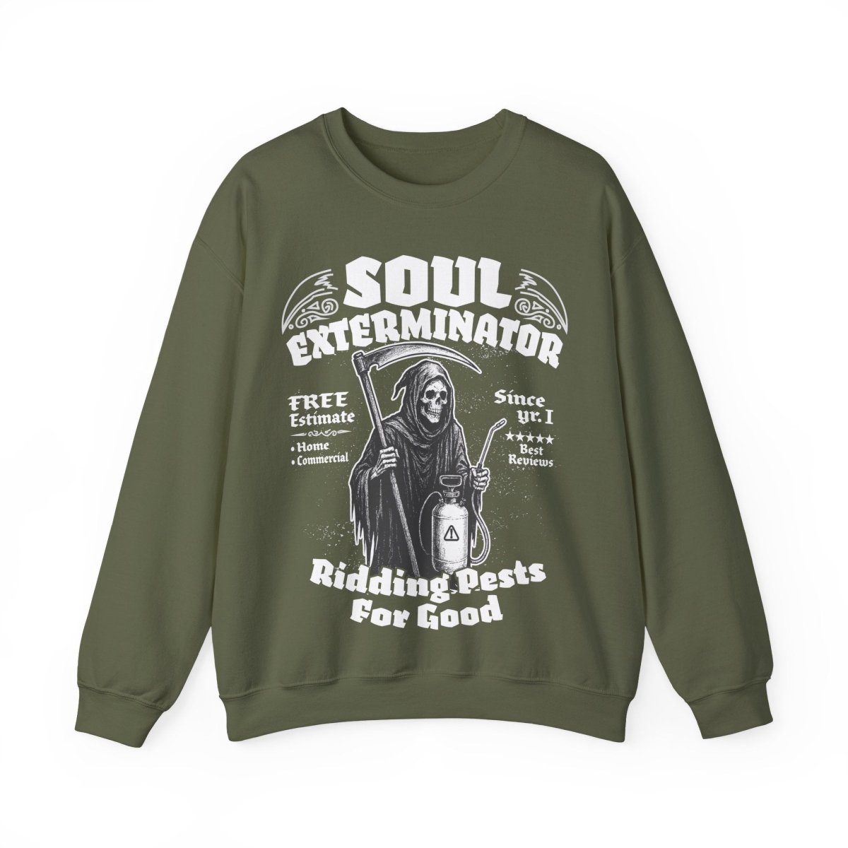 Soul Exterminators Funny Fleece Fall Sweatshirt, Grim Reaper Pest Control, Spooky Style Halloween