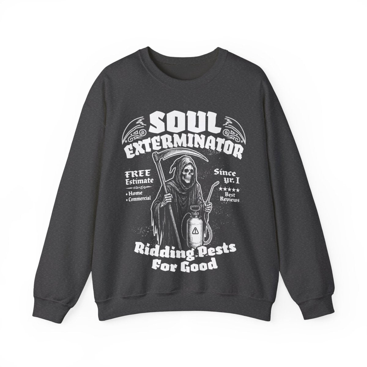 Soul Exterminators Funny Fleece Fall Sweatshirt, Grim Reaper Pest Control, Spooky Style Halloween