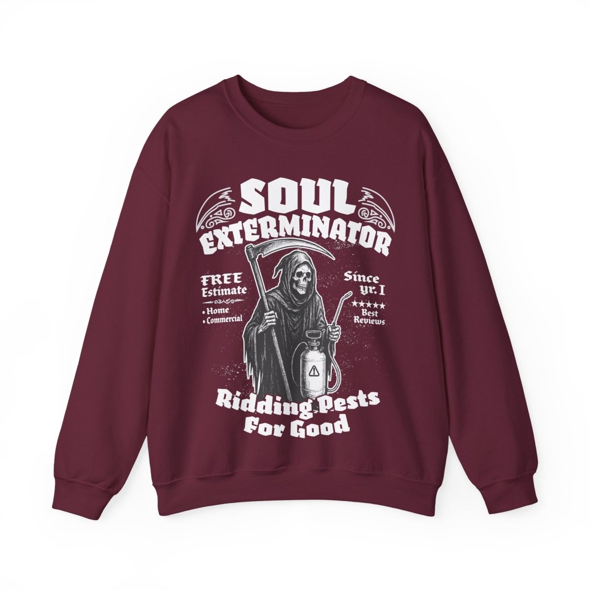 Soul Exterminators Funny Fleece Fall Sweatshirt, Grim Reaper Pest Control, Spooky Style Halloween