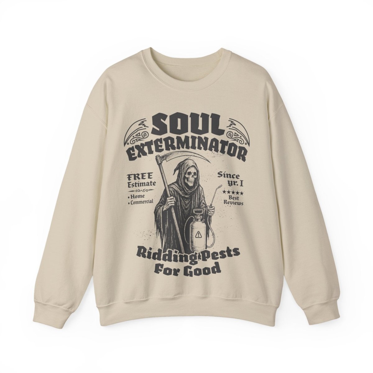 Soul Exterminators Funny Fleece Fall Sweatshirt, Grim Reaper Pest Control, Spooky Style Halloween