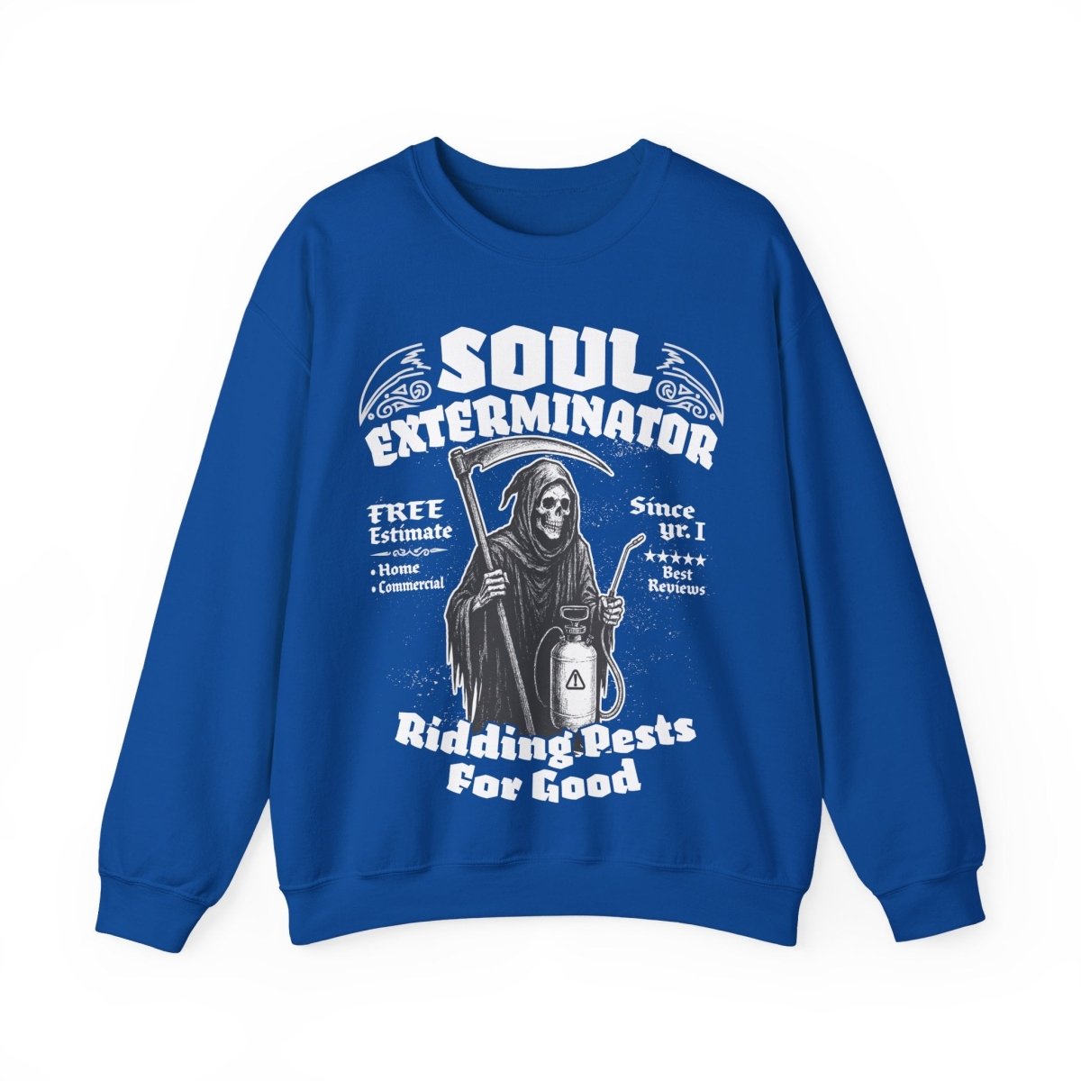 Soul Exterminators Funny Fleece Fall Sweatshirt, Grim Reaper Pest Control, Spooky Style Halloween