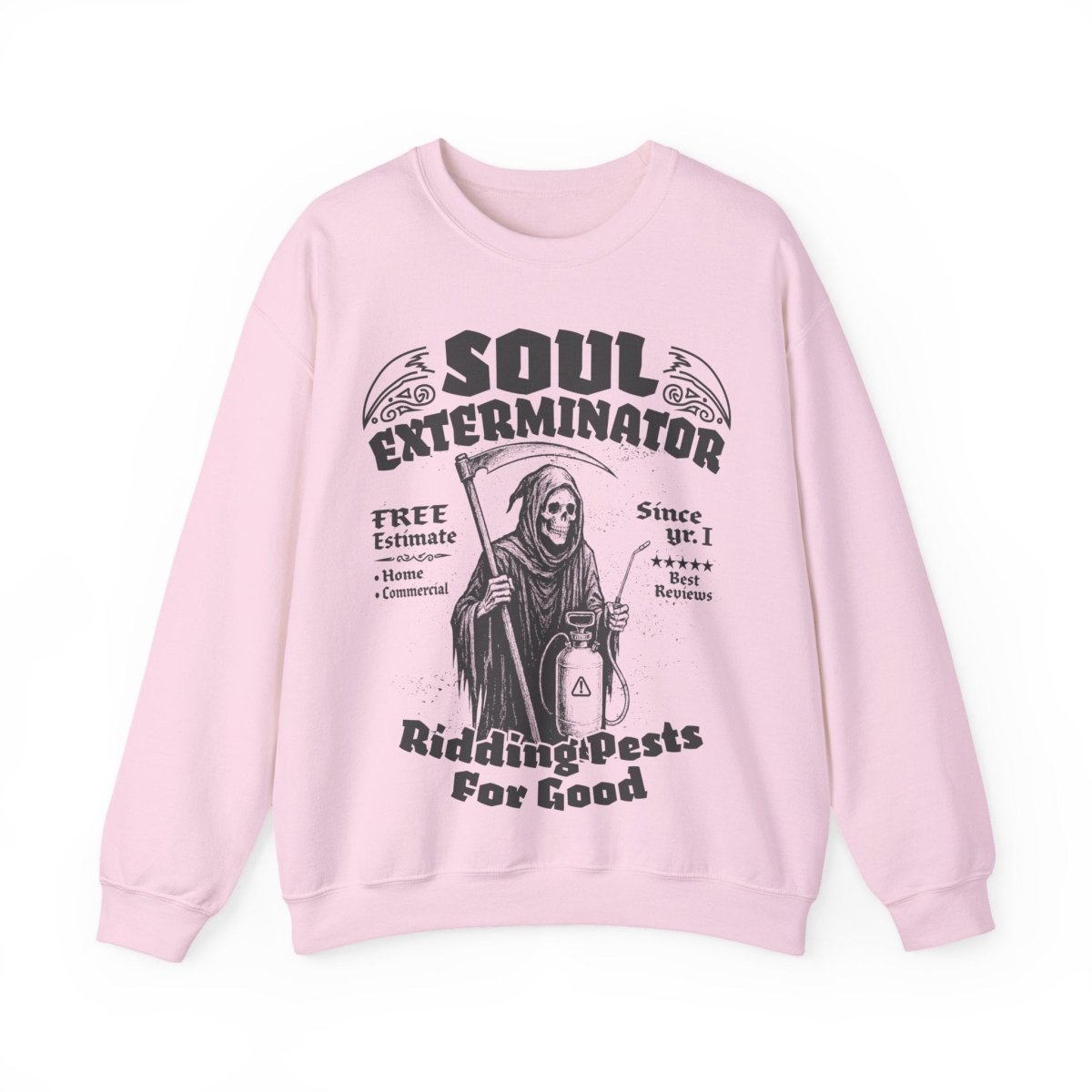 Soul Exterminators Funny Fleece Fall Sweatshirt, Grim Reaper Pest Control, Spooky Style Halloween