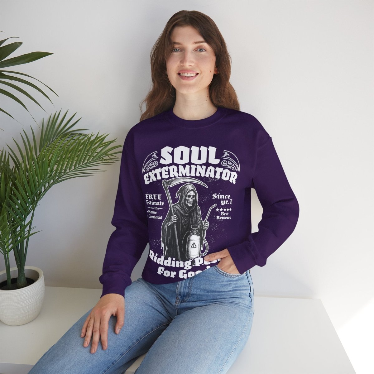 Soul Exterminators Funny Fleece Fall Sweatshirt, Grim Reaper Pest Control, Spooky Style Halloween