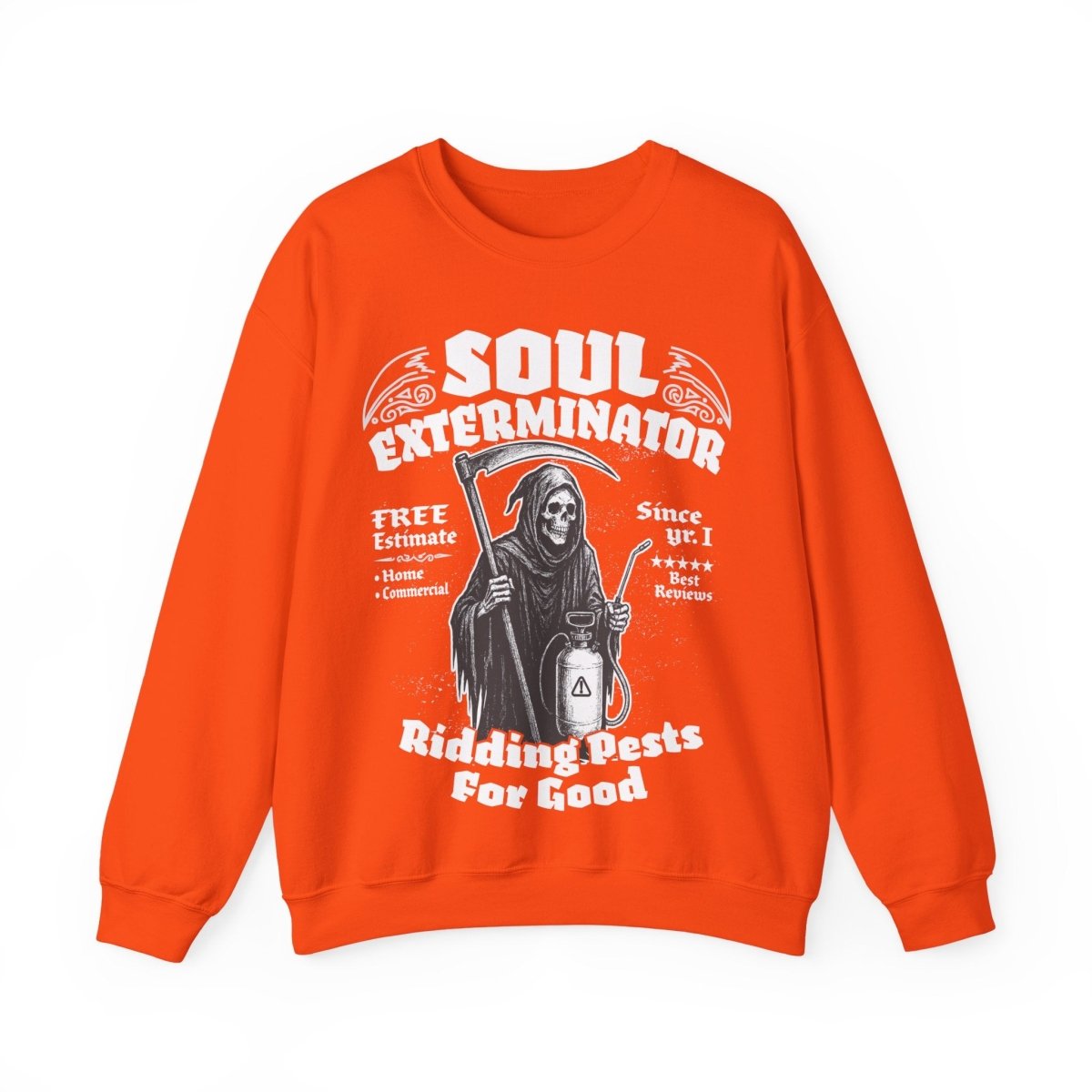 Soul Exterminators Funny Fleece Fall Sweatshirt, Grim Reaper Pest Control, Spooky Style Halloween