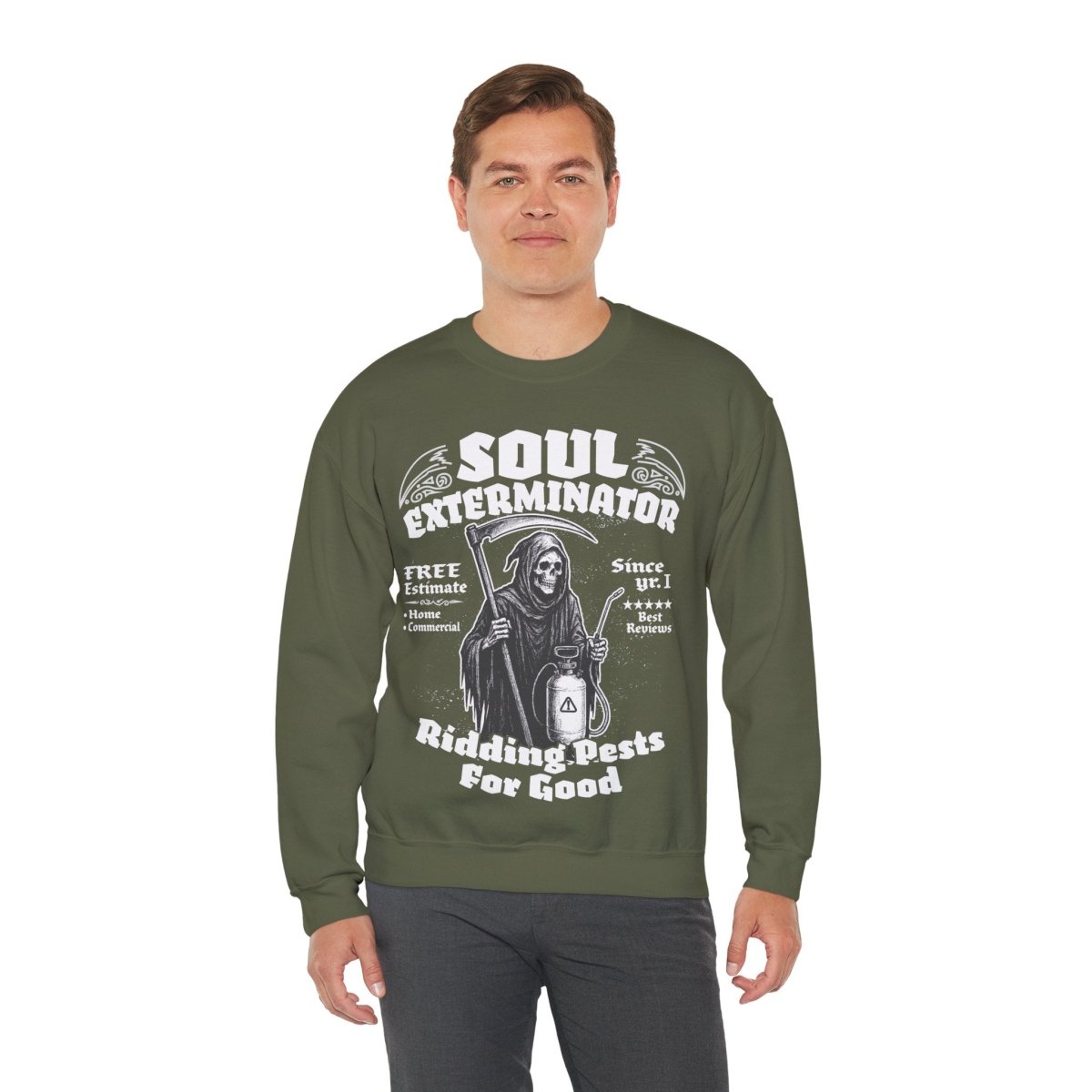 Soul Exterminators Funny Fleece Fall Sweatshirt, Grim Reaper Pest Control, Spooky Style Halloween
