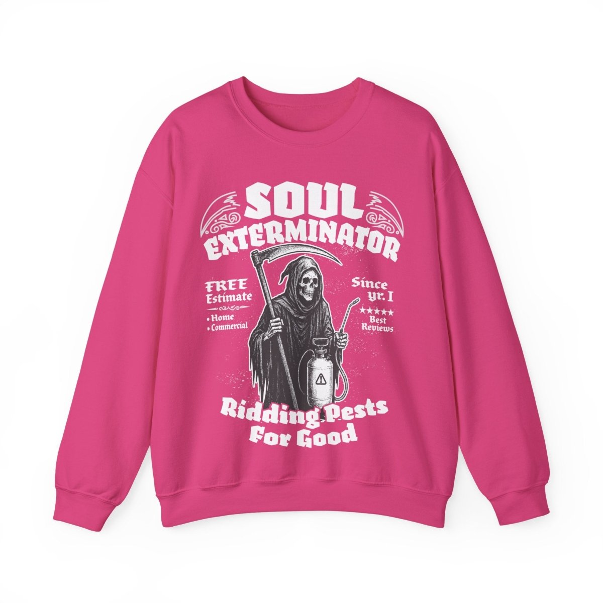 Soul Exterminators Funny Fleece Fall Sweatshirt, Grim Reaper Pest Control, Spooky Style Halloween