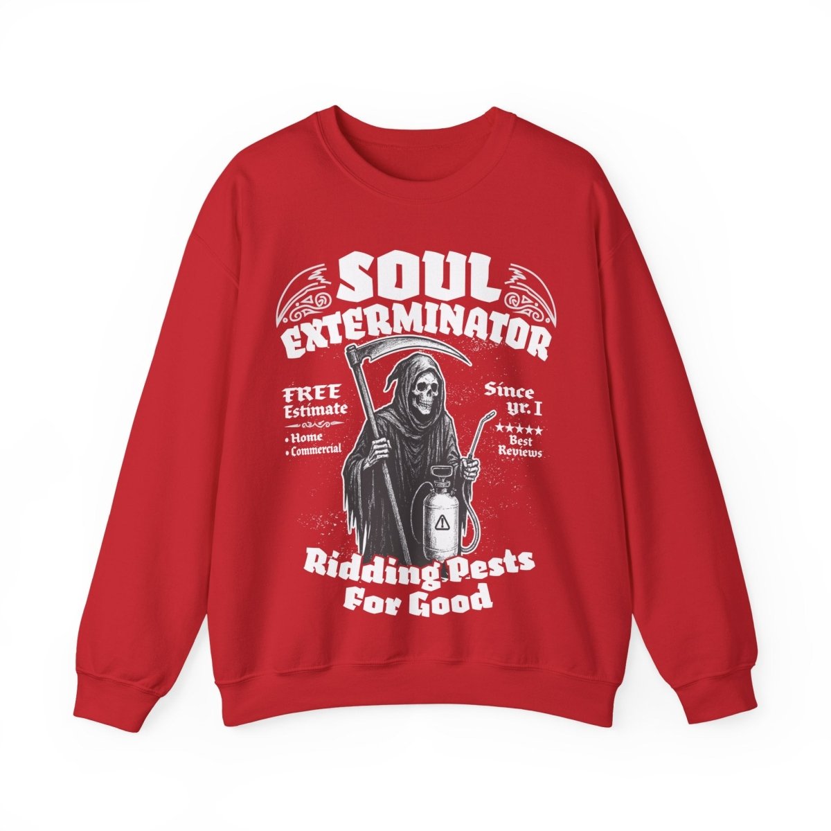 Soul Exterminators Funny Fleece Fall Sweatshirt, Grim Reaper Pest Control, Spooky Style Halloween