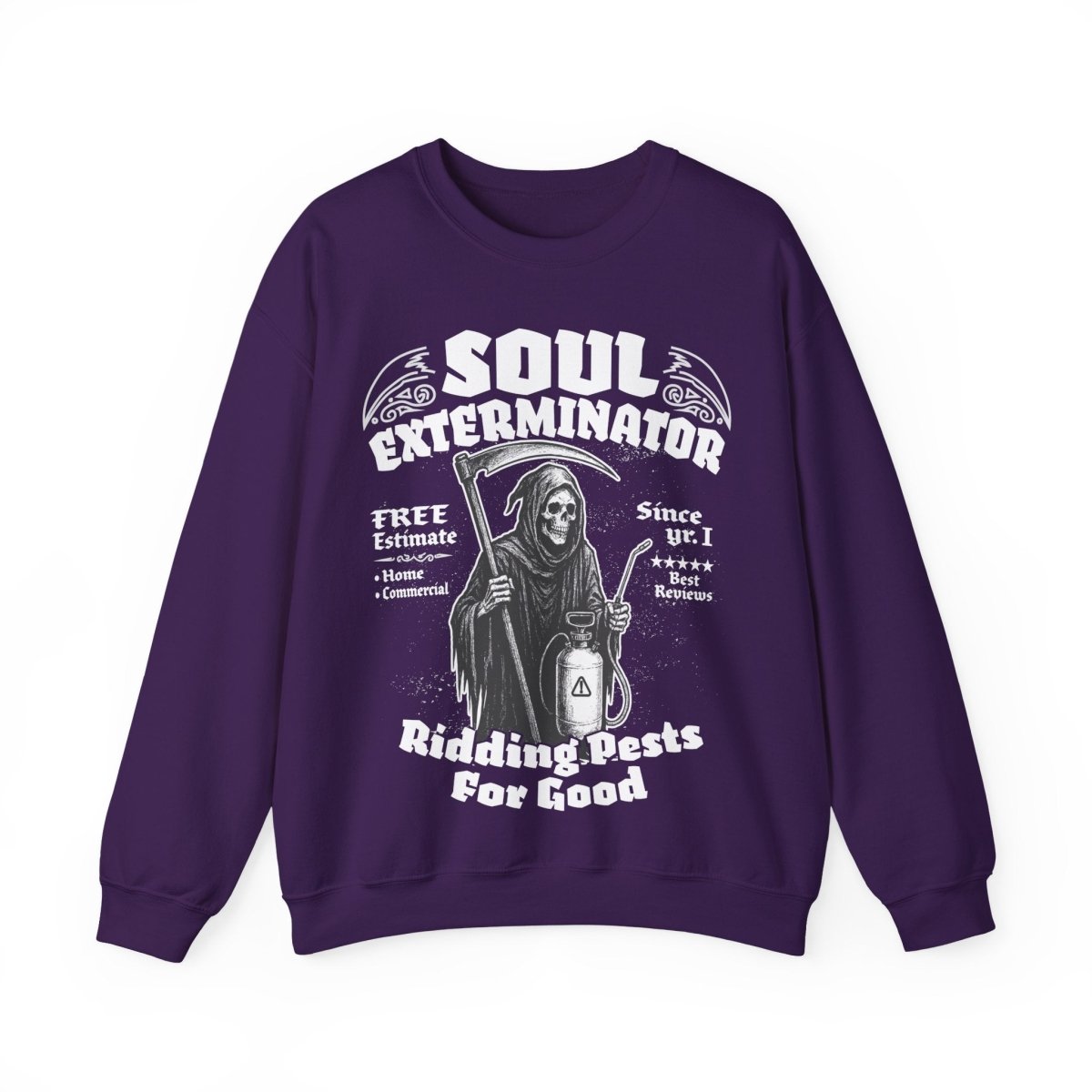Soul Exterminators Funny Fleece Fall Sweatshirt, Grim Reaper Pest Control, Spooky Style Halloween