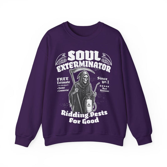 Soul Exterminators Funny Fleece Fall Sweatshirt, Grim Reaper Pest Control, Spooky Style Halloween