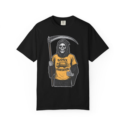 Soul Sanitation CEO Comfort Colors Relaxed Fit Soft Tee, Funny Grim Reaper Garbage Truck, Halloween or Summerween Fun