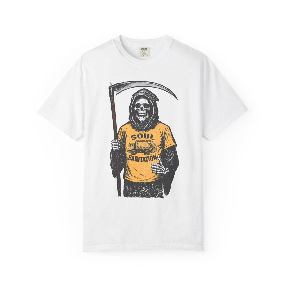 Soul Sanitation CEO Comfort Colors Relaxed Fit Soft Tee, Funny Grim Reaper Garbage Truck, Halloween or Summerween Fun