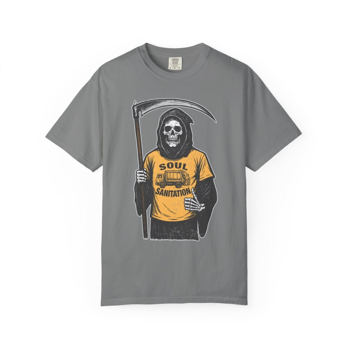 Soul Sanitation CEO Comfort Colors Relaxed Fit Soft Tee, Funny Grim Reaper Garbage Truck, Halloween or Summerween Fun