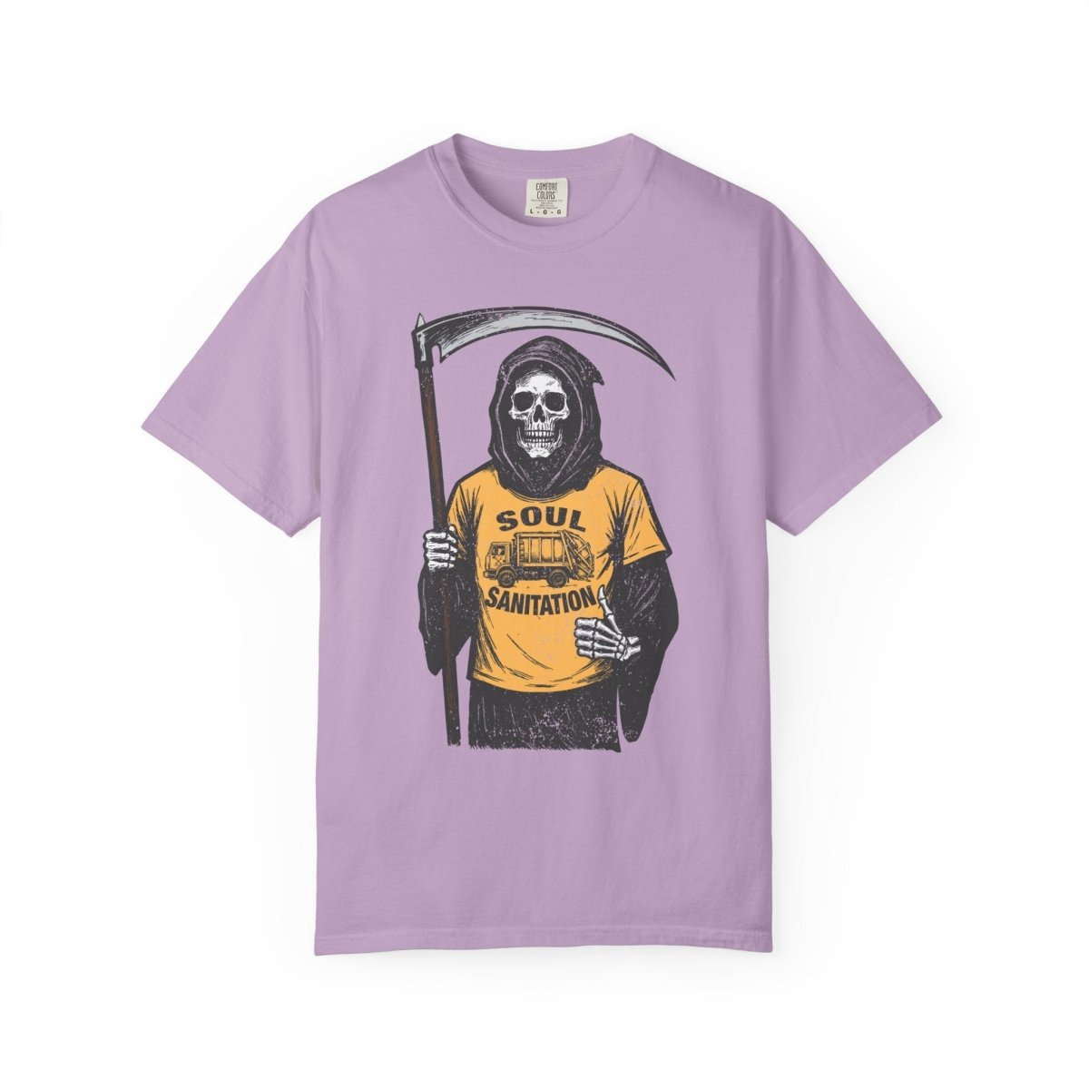 Soul Sanitation CEO Comfort Colors Relaxed Fit Soft Tee, Funny Grim Reaper Garbage Truck, Halloween or Summerween Fun